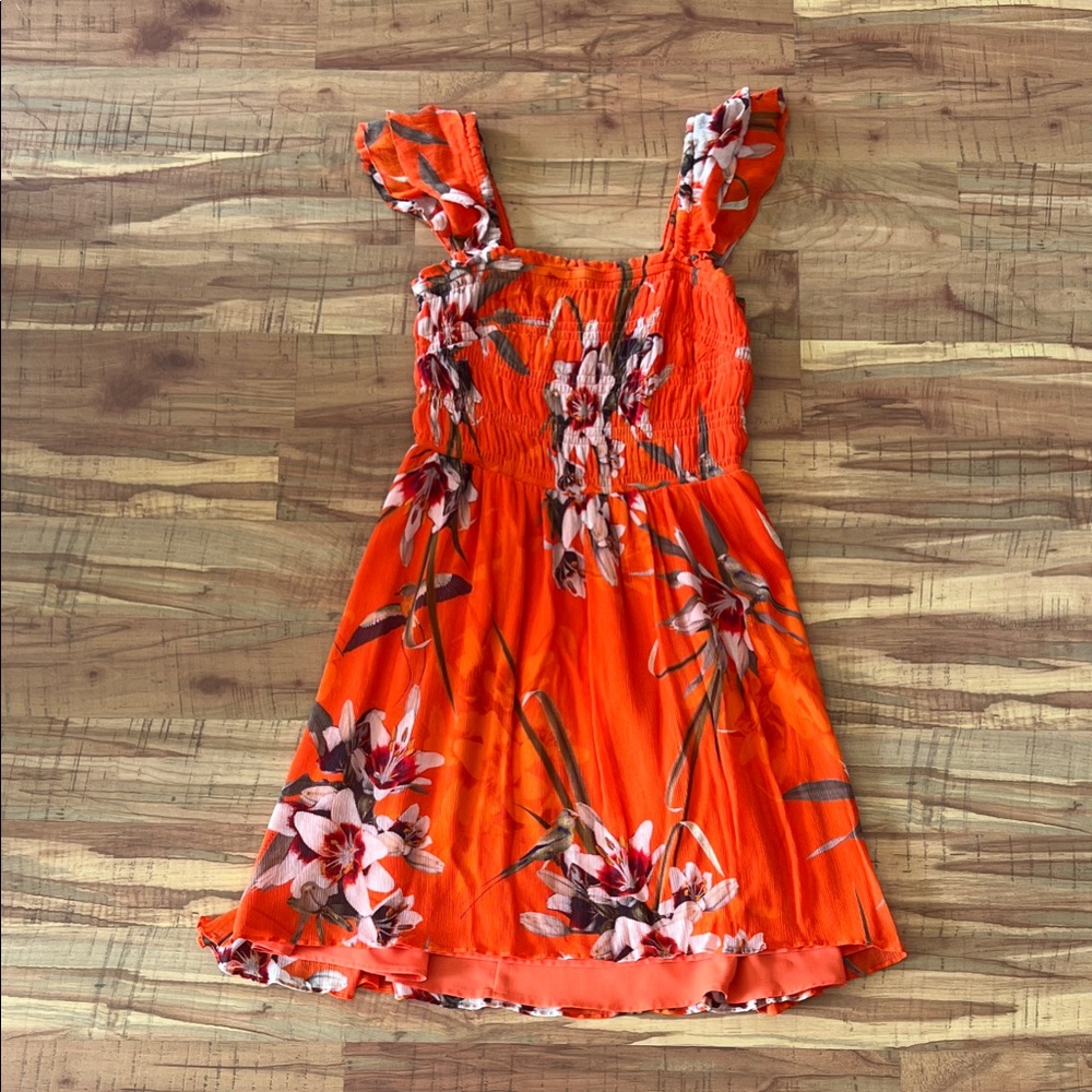 All Saints Orange Floral Ruffle-Shoulder Mini Dress